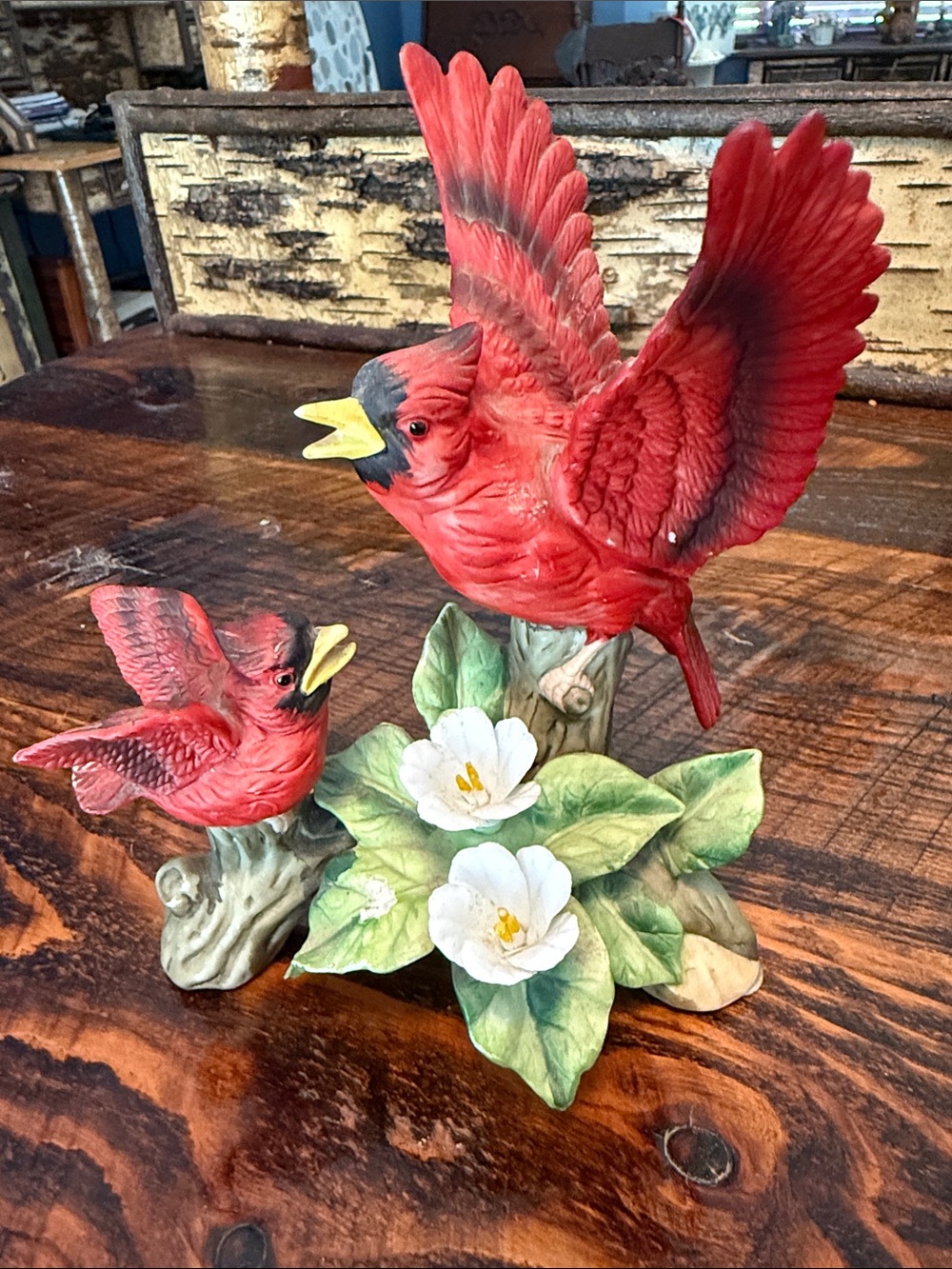 Cardinal Figurine with White Flowers
